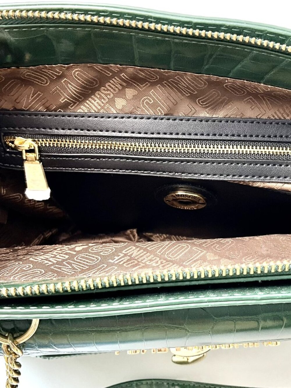 Love Moschino  Green Croc Embossed Leather Tote Bag Gold Chain Heart Lock - Picture 7 of 11